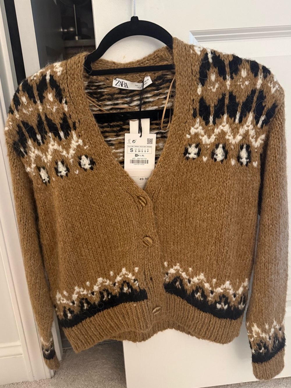Zara Camel Fair Isle V-Neck Button Cardigan NWT Size small